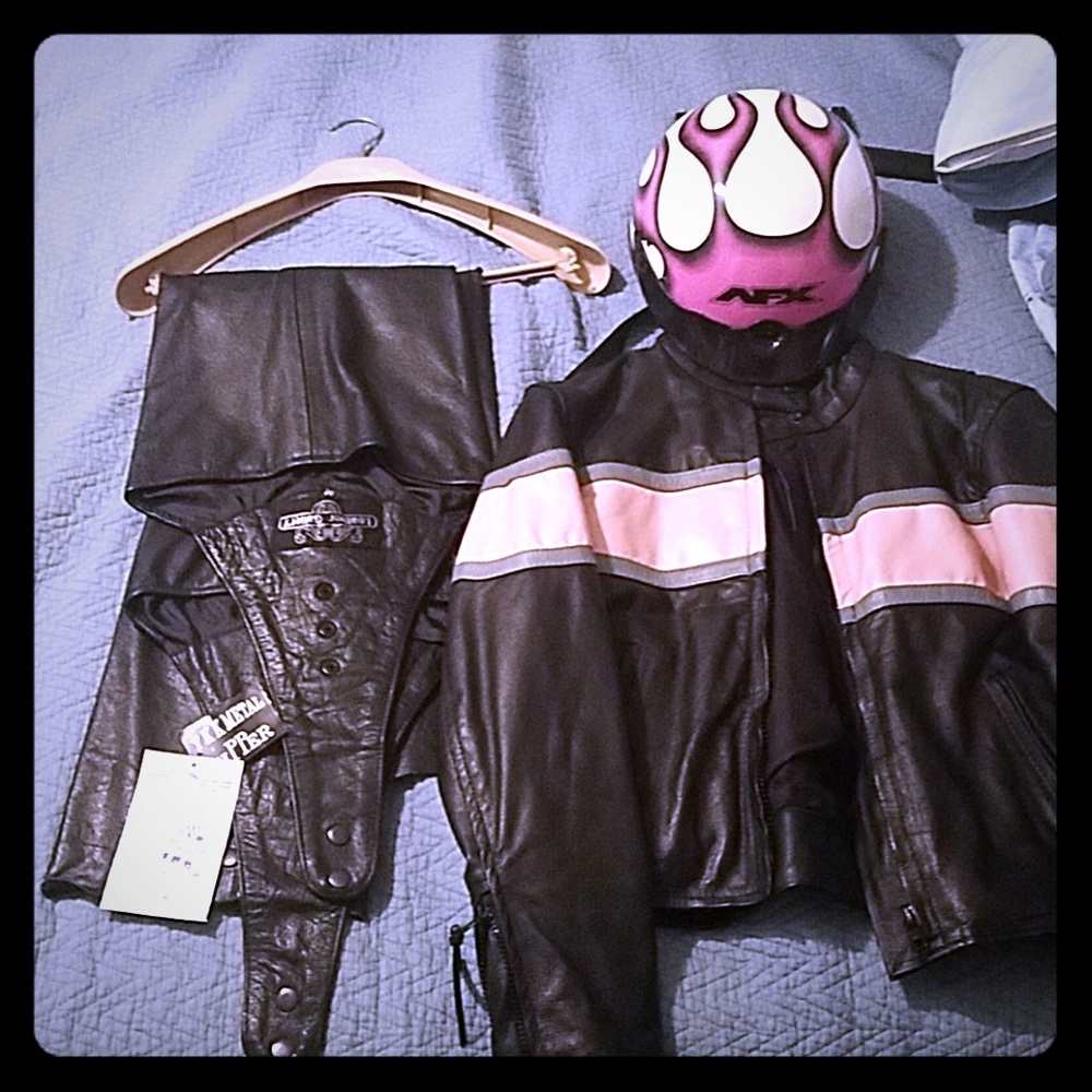 Ladies leathers and Helmet half shell. Brand new.